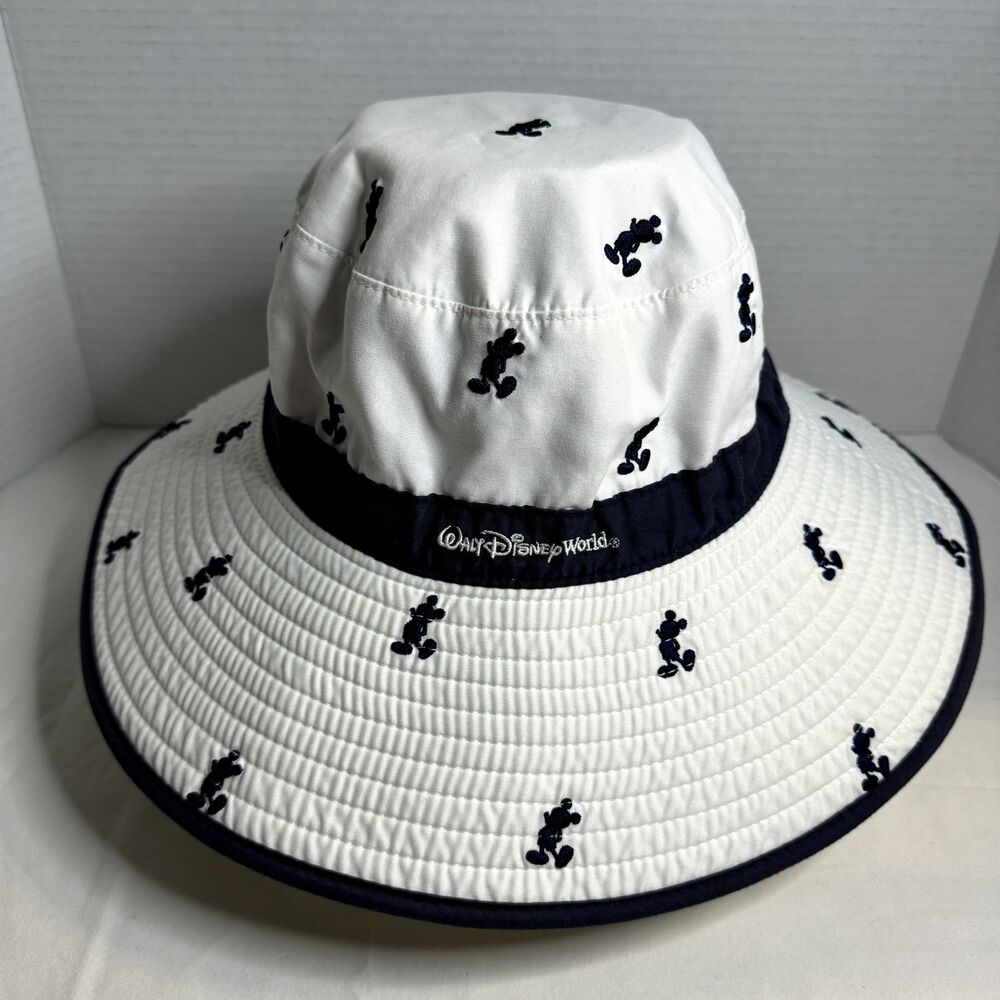 Disney Parks Authentic Wide Brim Hat Adult Chin Strap Blue White Mickey